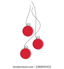 Vector Christmas tree ball bauble red ribbon bow line continuous drawing. Hand drawn illustration, graphic design, print, banner, card, poster, sign, symbol, festive ornament, holiday decor.