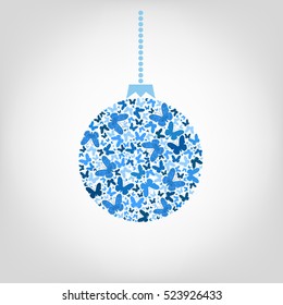 Vector Christmas tree ball from blue butterfly. Christmas background, greeting card for New Year.