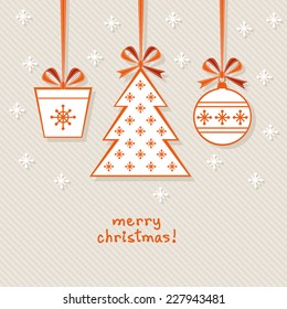 Vector Christmas tree, ball, gift with ribbon and bow.  Greeting, invitation cute card. Original design element. Decorative illustration for print, web