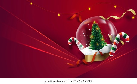 Árbol vectorial de Navidad en el fondo del vaso de bola. Decoración de alta calidad de cintas rojas abstractas