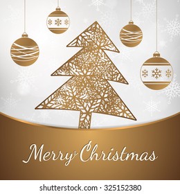 Vector Christmas tree with baubles on snowflake background greeting card
