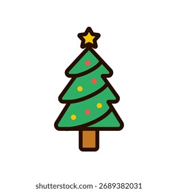 Vetor de uma árvore de Natal com bolinhas e uma estrela no topo em estilo de contorno colorido. Ótimo para conjuntos de ilustrações de férias, decoração de inverno e design de interface de usuário festiva.