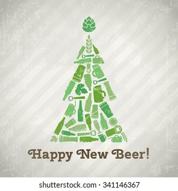 Vector christmas tree beer poster. Happy new beer tagline. Christmas tree made of bottles, mugs, glasses, ingredients and accessories. Vintage new year background in grunge style.