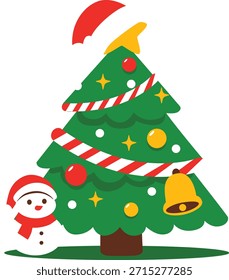 Vector árbol de Navidad con campana y muñeco de nieve