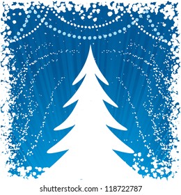 Vector Christmas tree with blue background and snow border