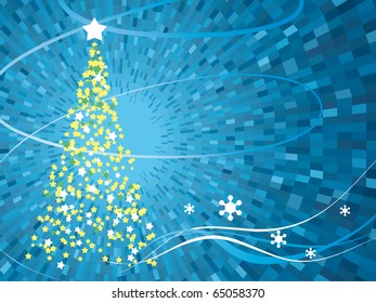 Vector Christmas tree with blue shine background