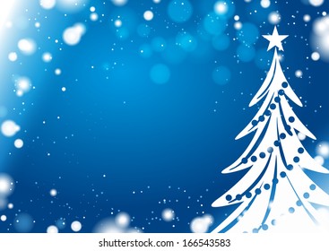 Vector Christmas tree with blue snowy background and snowflake border
