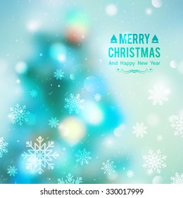 vector christmas tree, blurred background with lights and snowflakes