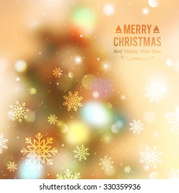 vector christmas tree, blurred background with lights and snowflakes