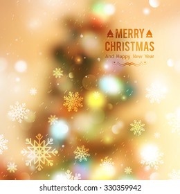 vector christmas tree, blurred background with lights and snowflakes