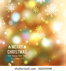 vector christmas tree, blurred background with lights and snowflakes