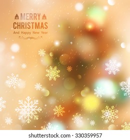 vector christmas tree, blurred background with lights and snowflakes