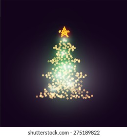 El árbol de Navidad vectorial se ilumina con fondo oscuro. Diseño de Navidad decorativo.