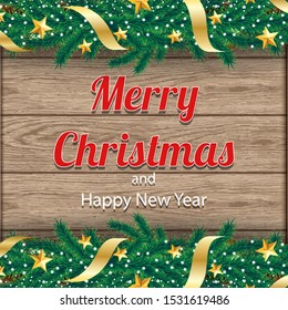 Vector Christmas tree border background on wooden tiles with decorations and fir branches.