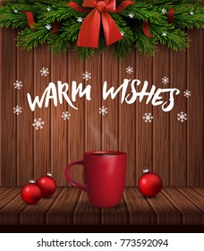 Vector christmas tree border with bow and cup of hot drink on wood background. Warm wishes