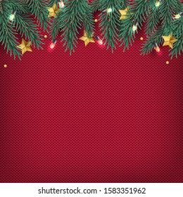 Vector Christmas tree border with holiday decor and light baubles on red background