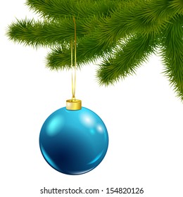 Vector Christmas tree branch with blue ball isolated on white