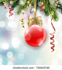 Vector Christmas tree branch with red ball on blurred background with sparkles. Christmas and new year background with place for your text. Vector template.