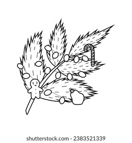 Vector Christmas tree branch with toy on white background.