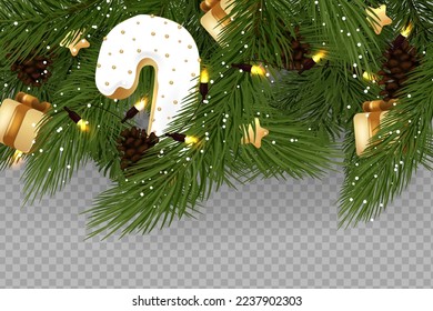 Vector Christmas tree branches, lights and cones. Festive banner design. Christmas and New Year banner of realistic branches of Christmas tree, garland