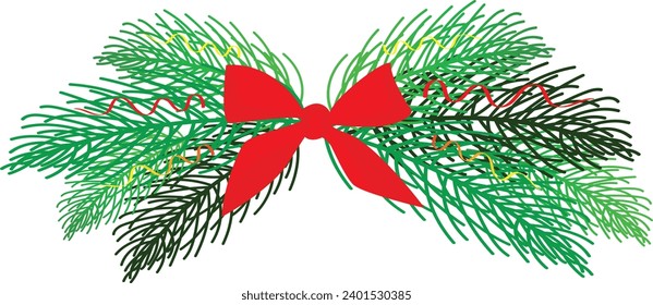 Vector Christmas tree branches and red poinsettia flower in a holiday line arrangement on a white  background