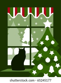 vector Christmas tree and cat at window