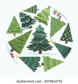 Vector Christmas Tree Collage Pack. Snow Falling in Holiday Season Xmas and new year graphic template. Modern Tannenbaum tree decorated with lights and ornaments. Multiple Christmas trees pack.