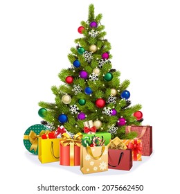 Vector Christmas Tree with Colorful Baubles isolated on white background