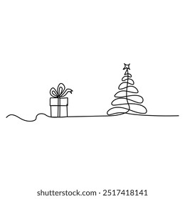 Árvore de natal vetor contínua linha única contorno vetor arte ilustração,
Feliz Natal uma única linha contínua arte. Natal saudação cartão decoração árvore de Natal silhueta conceito.