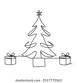 Vector christmas tree continuous single line outline vector art illustration,
Merry Christmas single continuous line art. Holiday greeting card decoration christmas tree silhouette concept.