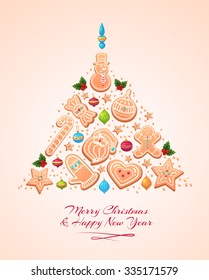 Vector Christmas Tree Cookies. Christmas greeting card background poster. Vector illustration. Merry christmas and Happy new year.