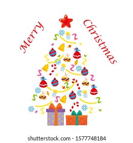 Vector Christmas tree created from gifts and decorations