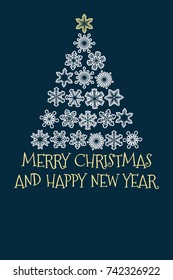 vector christmas tree created from snowflakes with text Merry Christmas and Happy New Year, isolated illustration on dark blue background, with blank place for your text