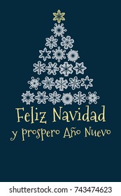 vector christmas tree created from snowflakes with spanish text Merry Christmas and Happy New Year, isolated spain holiday illustration on dark blue background, with blank place for your text