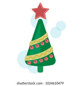 Vector Christmas tree decorated with colorful balls and a red star isolated on a white background.