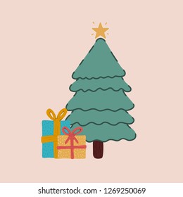 Vector of a Christmas tree decorated with some gifts on the floor.