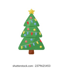 Vector Christmas tree decorated with toys, balls, star. Illustration for New Year and Christmas, in cartoon style, isolated on a white background.