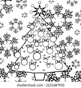 Árbol vectorial de Navidad muchas bolas de decoración y arcos. Hay un enorme copo de nieve en el fondo. Puede colorearlo en un cuaderno, páginas, afiches.
