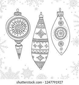 Vector Christmas tree decoration baubles line art in boho style wit ornament. Can be printed or used as coloring page, design template, sticker, icon, logo, card