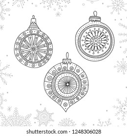 Vector Christmas tree decoration baubles line art in boho style wit ornament. Can be printed or used as coloring page, design template, sticker, icon, logo, card