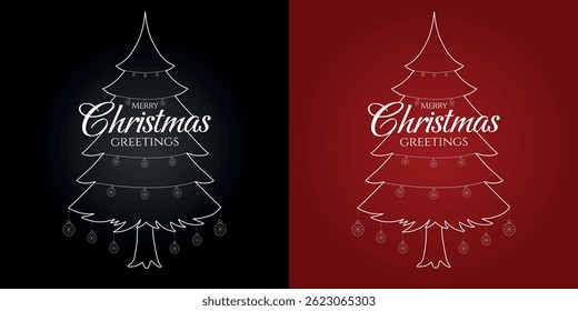 Decoración del árbol de navidad del Vector con el texto feliz de los saludos de la Navidad, bolas de la Navidad