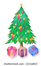 Vector Christmas Tree with Decorations and Gift Box