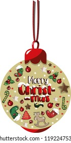 Vector Christmas tree decorations on the ribbon. It is very funny ball. It includes: sweets, socks for gift, stars, red balls and deer.  Vector isolated decorative element for Christmas or New Year