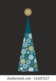 Vector Christmas tree with decorative lace rosettes, stylized golden star on dark backgorund
