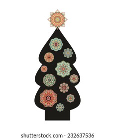 Vector Christmas tree with decorative rosettes - snowflakes on white background
