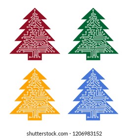 Vector christmas tree from digital electronic circuit. Multicolored set, white background.