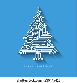 Vector christmas tree from digital electronic circuit on blue background with long shadow