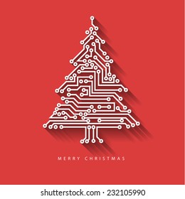 Vector christmas tree from digital electronic circuit on red background with long shadow