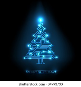 Árvore de Natal vetorial do circuito azul eletrônico digital e luzes