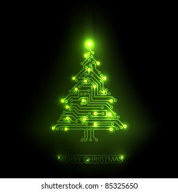 Vector christmas tree from digital electronic green circuit and lights